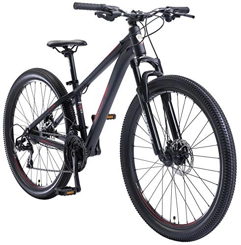 Mountainbike : BIKESTAR Hardtail Aluminium Mountainbike Shimano 21 Gang Schaltung, Scheibenbremse 27.5 Zoll Reifen | 14 Zoll Rahmen Alu MTB | Schwarz Rot