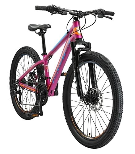 Mountainbike : BIKESTAR Kinder Fahrrad Aluminium Mountainbike 21 Gang Shimano, Scheibenbremse ab 9 Jahre | 24 Zoll Kinderrad MTB | Berry