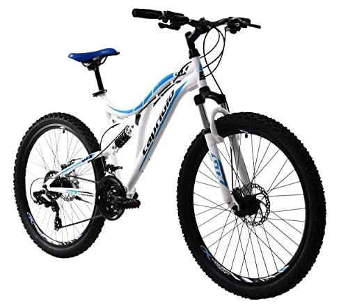Mountainbike : breluxx® 26 Zoll Mountainbike Vollfederung GTX260 Sport 2D, Scheibenbremsen, weiß / blau, 21 Gang Shimano, inkl. Schutzbleche