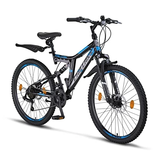 Mountainbike : Chillaxx Bike Falcon Premium Mountainbike in 24 und 26 Zoll - Fahrrad für Jungen, Mädchen, Damen und Herren - Scheibenbremse- 21 Gang-Schaltung - Vollfederung (26 Zoll, Schwarz-Blau Disc-Bremse)