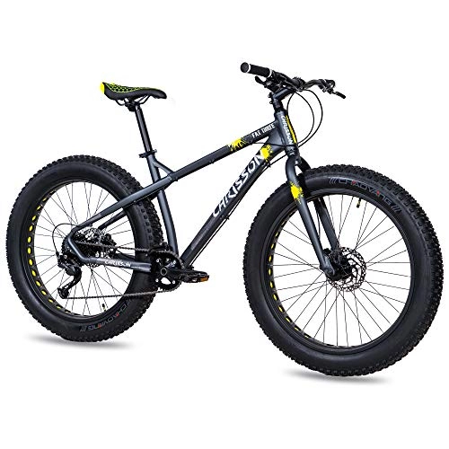 Mountainbike : CHRISSON 26 Zoll Fatbike Mountainbike - Fat Three schwarz-gelb - Hardtail Fat Tyre Mountain Bike, Fahrrad mit 4.0 fette Reifen und 9 Gang Shimano Alivio Schaltung
