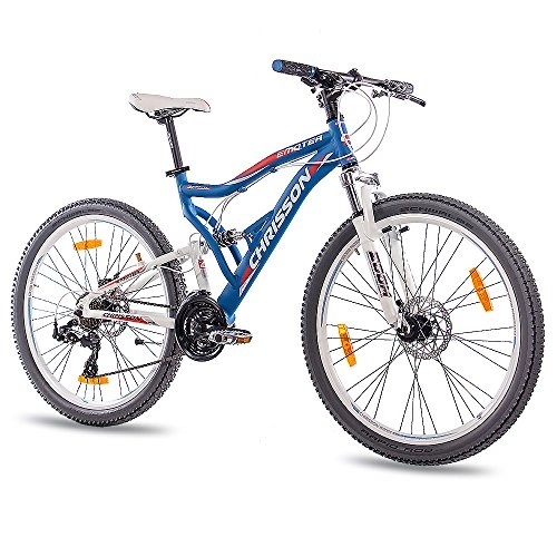 Mountainbike : CHRISSON 26 Zoll Mountainbike Fully - Emoter blau - Vollfederung Mountain Bike mit 21 Gang Shimano Tourney Kettenschaltung - MTB Fahrrad für Herren und Damen mit Zoom Federgabel