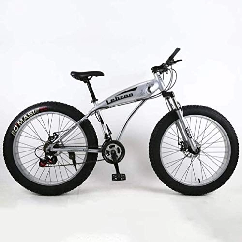 Mountainbike : Fat Tire Mountainbike für Erwachsene, leichter Rahmen aus Karbonstahl, für Strand, Schneemobil, Herren-Fahrrad, doppelte Scheibenbremse, 66 cm Räder, Silber, 7 Gänge.
