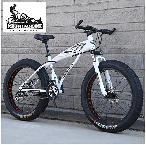 Mountainbike : Fette Reifen Hardtail MTB mit Gabelfederung für Erwachsenen Herren Damen, Unisex Jugend Kohlenstoffstahl Fahrräder Mountainbike, Zwei Scheibenbremsen, New White, 26 Inch 27 Speed