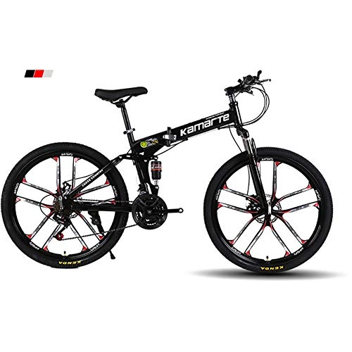 Mountainbike : FJW Unisex-Mountainbike 21 / 24 / 27 Geschwindigkeit Stahlrahmen mit hohem Kohlenstoffgehalt 26 Zoll 10-Speichen-Räder Zweifach gefaltetes Faltrad mit Scheibenbremsen, Black, 21Speed