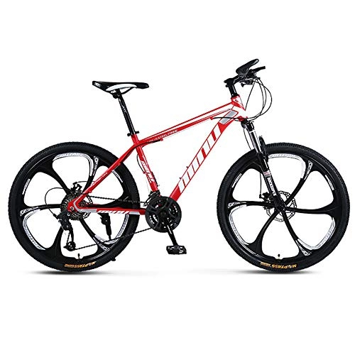 Mountainbike : FJW Unisex-Mountainbike, 26 Zoll 6-Speichen-Räder Stahlrahmen mit hohem Kohlenstoffgehalt, 21 / 24 / 27 / 30 Geschwindigkeit Einstellbar MTB-Bike Mit Scheibenbremsen und Federgabel, Red, 24Speed