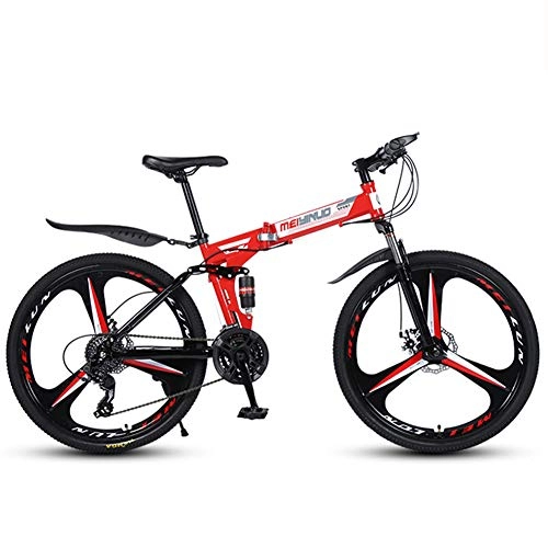 Mountainbike : FXMJ 26 Zoll Mountainbike Vollfederung 27-Gang Faltrad Rutschfestes Fahrrad für Erwachsene, Doppelscheibenbremse MTB-Fahrrad mit hohem Kohlenstoffstahlrahmen, Rot