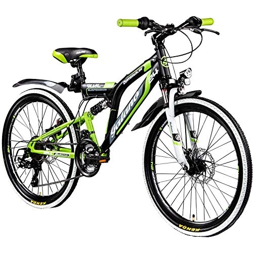 Mountainbike : Galano Adrenalin DS MTB Fahrrad ab 135 cm für Mädchen und Jungen mit 21 Gängen StVO Beleuchtung 24 Zoll Mountainbike Fully Jugendfahrrad Kinderfahrrad (Schwarz / Grün)