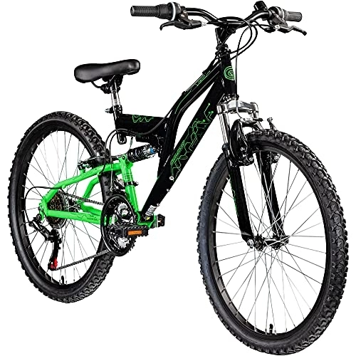 Mountainbike : Galano FS180 24 Zoll Mountainbike Full Suspension Jugendfahrrad Fully MTB Kinder ab 8 Jahre Fahrrad (schwarz / grün, 37 cm)