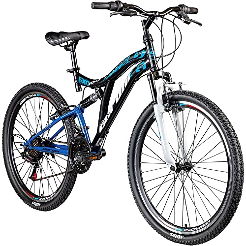 Mountainbike : Geroni FXC 100 Fully Mountainbike 26 Zoll Fahrrad MTB Fully Mountain Bike Damen Herren Trail Bike Downhill Enduro vollgefedertes Mountainbike Unisex Jugendliche (schwarz / blau / weiß)