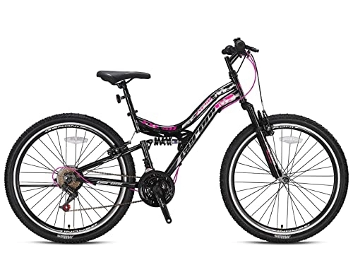 Mountainbike : Geroni FXC 50 Mountainbike Fully ab 130-145 cm MTB für Jungen und Mädchen 21 Gang Fahrrad 24 Zoll mit V Brakes, Jugendfahrrad, Mountain Bike Vollgefedert