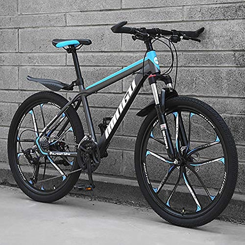 Mountainbike : HAOYF 24 / 26 Zoll Mountainbike 21-30 Gang Fahrrad, Doppelscheibenbremse MTB Mit 10-Speichen Felgen, Kohlenstoffstahl Gabelfederung MTB Für Erwachsene, Jugendliche Und Kinder, Blau, 24 Inch 21 Speed