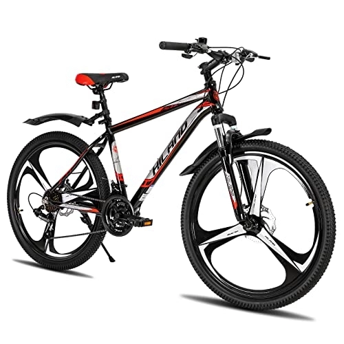 Mountainbike : Hiland 26 Zoll Mountainbike MTB mit Aluminiumrahmen Scheibenbremse Federgabel 3 Speichenräder für Jugendliche Fahrrad Herren Damen Jungen Mädchen Schwarz Rot