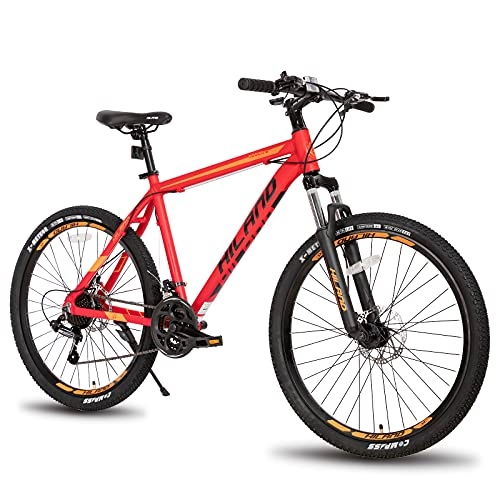 Mountainbike : Hiland 26 Zoll MTB Mountainbike mit Speichenrädern 432mm Aluminiumrahmen 21 Gang Schaltung Scheibenbremse Federgabel Rot