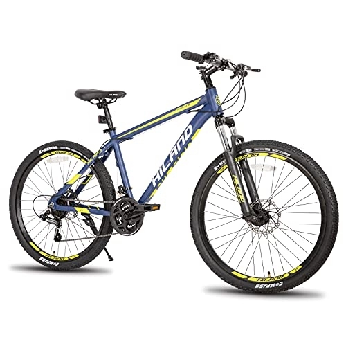 Mountainbike : Hiland 26 Zoll MTB Mountainbike mit Speichenrädern Aluminiumrahmen 21 Gang Schaltung Scheibenbremse Federgabel blau 432mm Rahmen