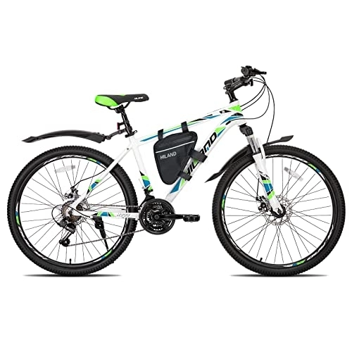 Mountainbike : Hiland Mountainbike MTB 26 Zoll mit Rahmentasche 17 Zoll Aluminiumrahmen Scheibenbremse Speichenräder Jugendliche Fahrad Herr Damen Einteiliges Fahrradrad weiß