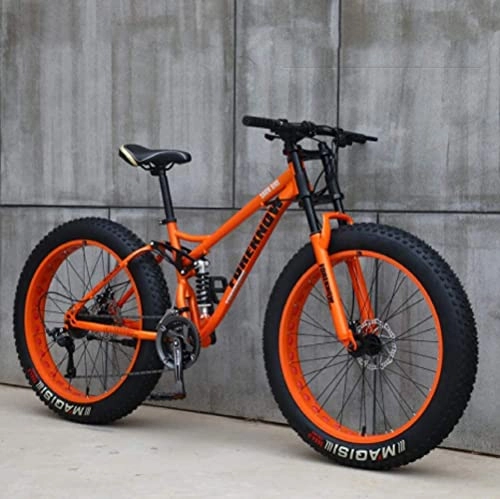 Mountainbike : J&LILI Mountainbike, 26 Zoll (66 cm), Mjh-01, Erwachsene, Fat Tire Bike, 21-Gang-Fahrrad, Rahmen Aus Karbonstahl, Doppelte Vollfederung, Doppelte Scheibenbremse, Orange