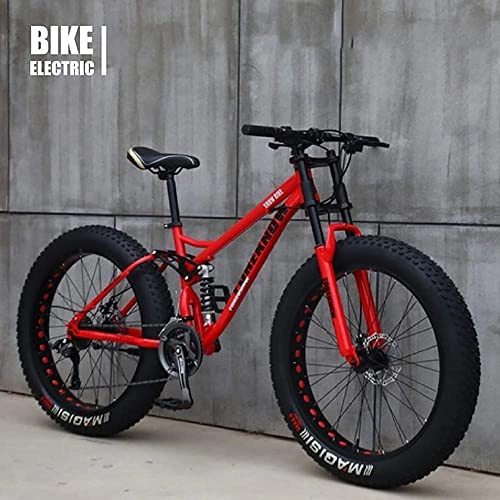 Mountainbike : J&LILI Mountainbike, 26 Zoll (66 cm), Mjh-01, Erwachsene, Fat Tire Bike, 21-Gang-Fahrrad, Rahmen Aus Karbonstahl, Doppelte Vollfederung, Doppelte Scheibenbremse, Rot