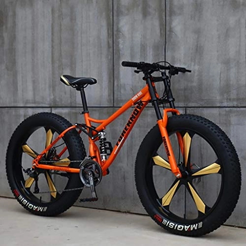 Mountainbike : JIAJULL Mens Mountain Bikes, 26-Zoll-Fat Tire Hardtail Mountainbike, Doppelaufhebung Rahmen und Federgabel, 21 Geschwindigkeit, 5 Spoke, All Terrain (Farbe : Orange)