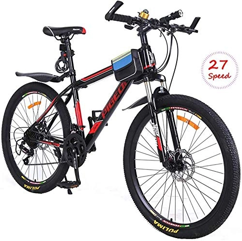 Mountainbike : June Mountainbike für Erwachsene, 27 Geschwindigkeiten, 66 cm, hohe Carbon-Rahmen, mit doppelter Scheibenbremse und Stoßdämpfer, Vordergabel, weiß, rot, 66 cm