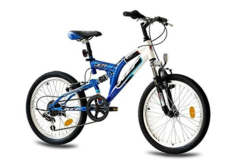 Mountainbike : KCP 20 Zoll Mountainbike Kinderfahrrad - JETT FSF weiss blau - Vollfederung Kinder Fahrrad für Jungen und Mädchen mit 6 Gang Shimano Schaltung - für Kinder zwischen 6-9 Jahre und 1, 20-1, 40m Körpergröße