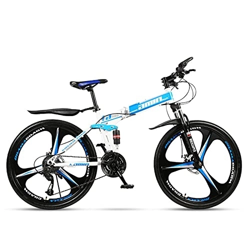 Mountainbike : Klappbares Mountainbike, 26 Zoll, vollgefedert, Mountainbike für Erwachsene, System zur Stoßdämpfung, Scheibenbremse, geeignet für Radfahren im Freien (Räder mit drei Messern, blau und weiß)