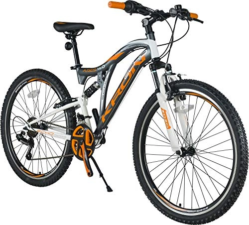 Mountainbike : KRON ARES 4.0 Fully Mountainbike 26 Zoll | 21 Gang Shimano Kettenschaltung mit V-Bremse | 16.5 Zoll Rahmen Vollgefedert MTB Erwachsenen- und Jugendfahrrad | Grau & Orange