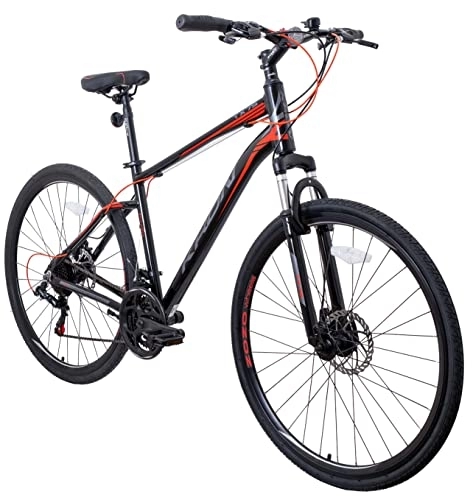 Mountainbike : KRON TX 75 Hardtail Aluminium Trekking Mountainbike 28 Zoll, 21 Gang Shimano, Scheibenbremse | 18 Zoll Rahmen MTB Erwachsenen- und Jugendfahrrad, Schwarz Rot