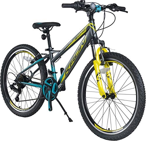 Mountainbike : KRON Vortex 4.0 Hardtail Jugend Kinder Fahrrad 20 Zoll von 6-9 Jahre | 21 Gang Shimano Schaltung, V-Bremse, Federgabel, 11 Zoll Rahmen | Kids Mountainbike MTB | Grau Gelb Blau