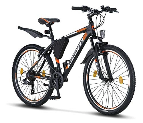 Mountainbike : Licorne Bike Effect (Schwarz / Orange) 26 Zoll Mountainbike, geeignet ab 150 cm, Shimano 21 Gang-Schaltung, Gabelfederung, Jungen-Fahrrad & Herren-Fahrrad, Rahmentasche
