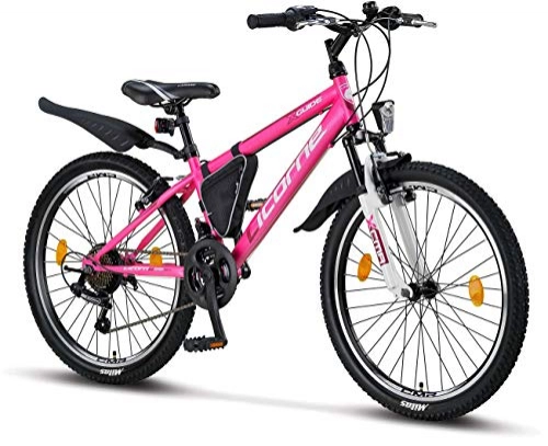 Mountainbike : Licorne Bike Guide Premium Mountainbike in 24 Zoll - Fahrrad für Mädchen, Jungen, Herren und Damen - Shimano 21 Gang-Schaltung - Rosa / Weiß