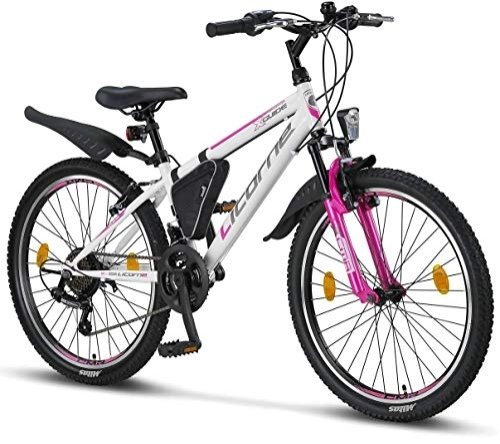 Mountainbike : Licorne Bike Guide Premium Mountainbike in 26 Zoll - Fahrrad für Mädchen, Jungen, Herren und Damen - 21 Gang-Schaltung - Weiß / Rosa
