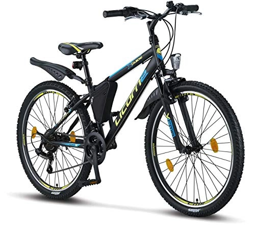 Mountainbike : Licorne Bike Guide Premium Mountainbike in 26 Zoll - Fahrrad für Mädchen, Jungen, Herren und Damen - Shimano 21 Gang-Schaltung - Schwarz / Blau / Lime