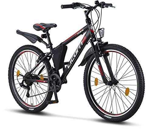 Mountainbike : Licorne Bike Guide Premium Mountainbike in 26 Zoll - Fahrrad für Mädchen, Jungen, Herren und Damen - Shimano 21 Gang-Schaltung - Schwarz / Rot / Grau