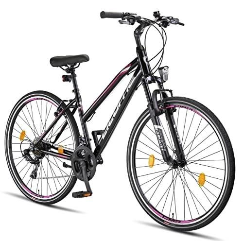 Mountainbike : Licorne Bike Premium Trekking Bike in 28 Zoll - Fahrrad für Jungen, Mädchen, Damen und Herren - Shimano 21 Gang-Schaltung - Mountainbike - Crossbike - Life-L-V - Schwarz / Rosa