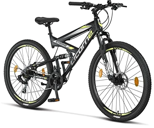 Mountainbike : LICORNE BIKE Strong 2D Premium Mountainbike in 27, 5 Zoll - Fahrrad für Jungen, Mädchen, Damen und Herren - Scheibenbremse vorne und hinten - 21 Gang-Schaltung - Vollfederung (Schwarz / Lime, 27.5)