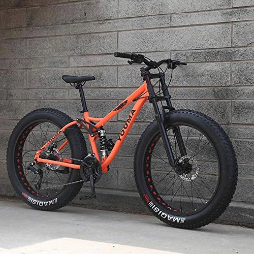 Mountainbike : MIAOYO Mountainbikes, 26-Zoll-Fettreifen Hardtail-Mountainbike, Dual-Federrahmen und Federgabel, Leichter Kohlenstoffstahlrahmen, Aluminiumlegierungsräder, Orange, 21 Speed