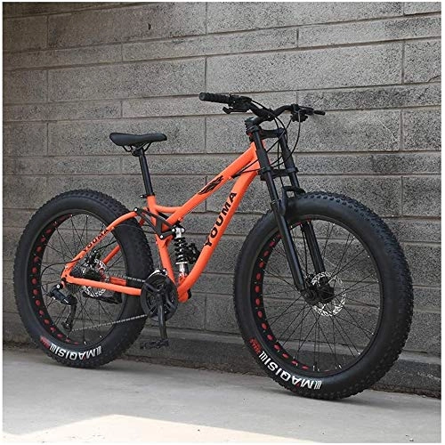 Mountainbike : Mountainbike, 66 Zoll, für Erwachsene, Jungen, Mädchen, fette Reifen, Mountainbike, Trailbike, Doppelscheibenbremse, Rahmen aus Karbonstahl, rutschfeste Fahrräder, Farbe: Orange, Größe: 24 Gänge