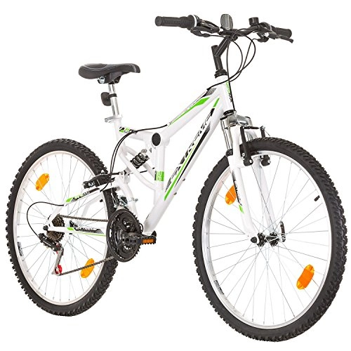 Mountainbike : Multibrand Distribution Probike Extreme 26 Zoll Fahrrad Mountainbike Vollfederung Shimano 18 Gang Herren-Fahrrad, Damen-Fahrrad, Jungen-Fahrrad Mädchen-Fahrrad, geeignet ab 155 – 180 cm (Weiß)