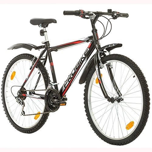 Mountainbike : Multibrand PROBIKE 26 Zoll Mountainbike Shimano 18 Gang, Herren-Fahrrad & Jungen-Fahrrad, geeignet ab 165-183 cm (Schwarz+Kotflügel)