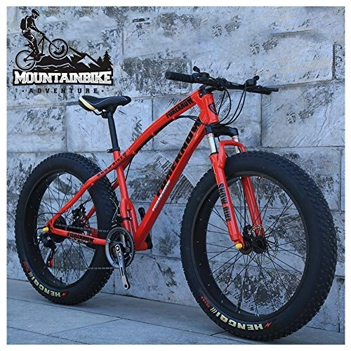 Mountainbike : NENGGE 24 Zoll Mountainbike Fette Reifen Fahrräder für Jugend, Erwachsenen Herren Damen Hardtail MTB mit Gabelfederung Zwei Scheibenbremsen, Rahmen aus Kohlenstoffstahl, Rot, 21 Speed