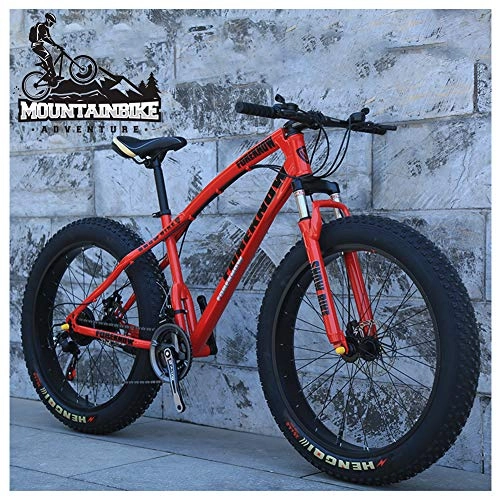 Mountainbike : NENGGE 26 Zoll Hardtail MTB mit Gabelfederung Scheibenbremsen, Erwachsenen Herren Damen Mountainbike, Unisex Fette Reifen Fahrräder Rahmen aus Kohlenstoffstahl, Red Spoke, 7 Speed