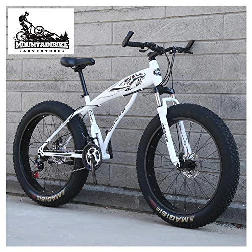 Mountainbike : NENGGE Fette Reifen Hardtail MTB mit Gabelfederung für Erwachsenen Herren Damen, Unisex Jugend Kohlenstoffstahl Fahrräder Mountainbike, Zwei Scheibenbremsen, Weiß, 24 Inch 27 Speed