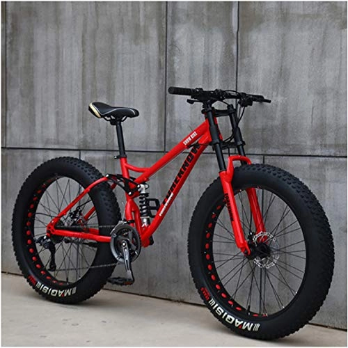 Mountainbike : NENGGE Fette Reifen Mountainbike 24 Zoll Herren Damen Hardtail MTB Fahrräder mit Zwei Scheibenbremsen & Vollfederung, Rahmen aus Kohlenstoffstahl, Rot, 27 Speed