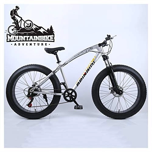Mountainbike : NENGGE Hardtail MTB 24 Zoll für Erwachsenen Herren und Damen, Fette Reifen Fahrräder Mountainbike mit Gabelfederung & Scheibenbremsen, Rahmen aus Kohlenstoffstahl, Silber, 7 Speed