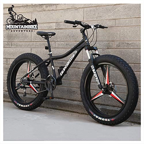 Mountainbike : NENGGE Hardtail MTB 26 Zoll mit Gabelfederung für Herren Damen, Erwachsenen Fette Reifen Fahrräder, Scheibenbremsen Mountainbike, Rahmen aus Kohlenstoffstahl, 3 Spoke Black, 21 Speed