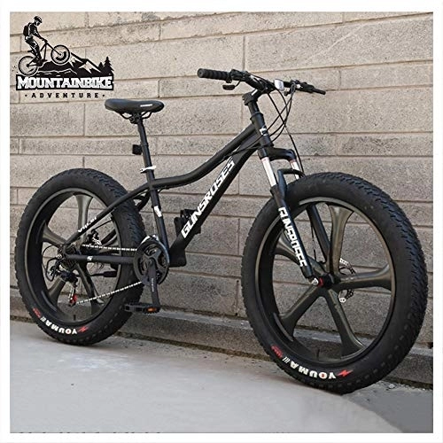 Mountainbike : NENGGE Hardtail MTB 26 Zoll mit Gabelfederung für Herren Damen, Erwachsenen Fette Reifen Fahrräder, Scheibenbremsen Mountainbike, Rahmen aus Kohlenstoffstahl, 5 Spoke Black, 7 Speed