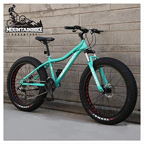 Mountainbike : NENGGE Hardtail MTB 26 Zoll mit Gabelfederung für Herren Damen, Erwachsenen Fette Reifen Fahrräder, Scheibenbremsen Mountainbike, Rahmen aus Kohlenstoffstahl, Green Spoke, 7 Speed