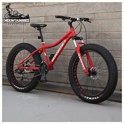 Mountainbike : NENGGE Hardtail MTB 26 Zoll mit Gabelfederung für Herren Damen, Erwachsenen Fette Reifen Fahrräder, Scheibenbremsen Mountainbike, Rahmen aus Kohlenstoffstahl, Red Spoke, 27 Speed