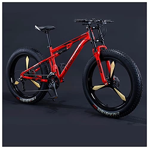 Mountainbike : NENGGE Mountainbike MTB, 26 Zoll Fette Reifen Fahrrad, Fahrrad mit Scheibenbremsen, Rahmen aus Kohlenstoffstahl, Erwachsenen MTB Fahrrad für Herren und Damen, 24 Speed, Red 3 Spoke